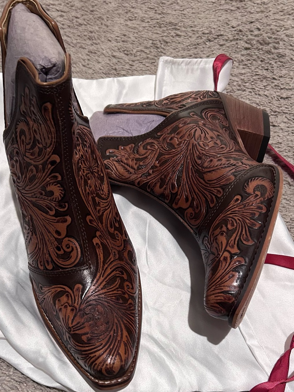 Myra Brown Floral Leather Western Ankle Boots